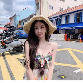 法式纯欲性感冰肌玉骨彩色碎花朵吊带高腰大摆海边度假连衣长裙女