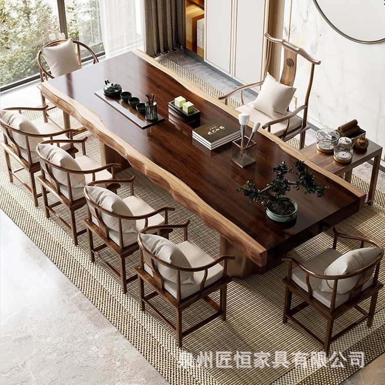 新中国式自然辺大板実木茶卓セット原木不規則茶台オフィス泡茶テーブル椅子|undefined