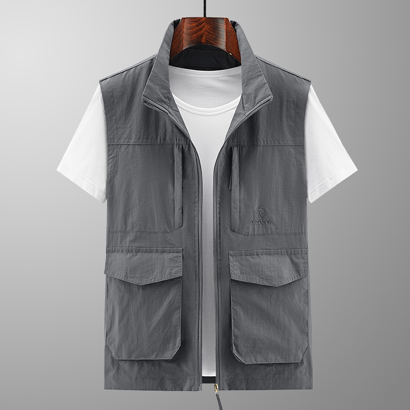 Spring and Summer Hooded Vest for Middle-Aged and Elderly Men Outdoor Multi-Pocket Photographer Fishing Quick-Drying Vest Loose Large Size Vest