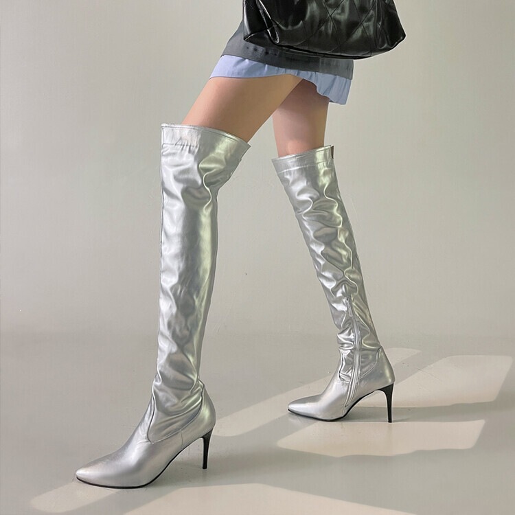 Foreign Trade Cross-Border 2023 Autumn and Winter High Elastic Long Boots Over-The-Knee Boots in Rose Red with Back Slit and Silver Pointed Toe Foreign Trade Cross-Border 2023 Autumn and Winter High Elastic Long Boots Over-The-Knee Boots in Rose Red with Back Slit and Silver Pointed Toe