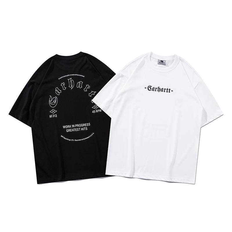 カーハレターズ刺繍入りウォッシュ加工ラウンドネックルーズフィット男女兼用カップル向けcarhar半袖Tシャツ2026新作