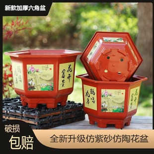 Thickened New Style Large Diameter Hexagon Pot Imitation Purple Sand Printed Fruit Tree Rose Plastic Resin Bonsai Flower Pot
