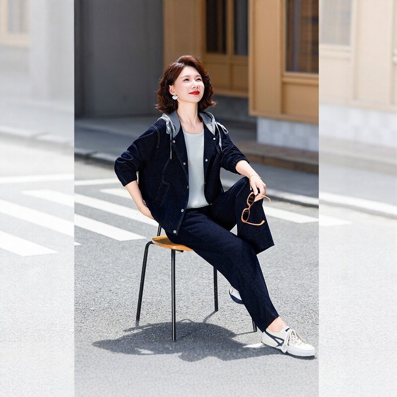 2026 New Fashionable Denim Two-Piece Set for Mothers: Hooded Jacket and Wide-Leg Pants Outfit for Middle-Aged and Elderly Women, Casual Wear 2026 New Fashionable Denim Two-Piece Set for Mothers: Hooded Jacket and Wide-Leg Pants Outfit for Middle-Aged and Elderly Women, Casual Wear