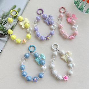 Small fresh candy color color plated mobile phone chain beaded mobile phone lanyard bow love small flower phone case pendant for women