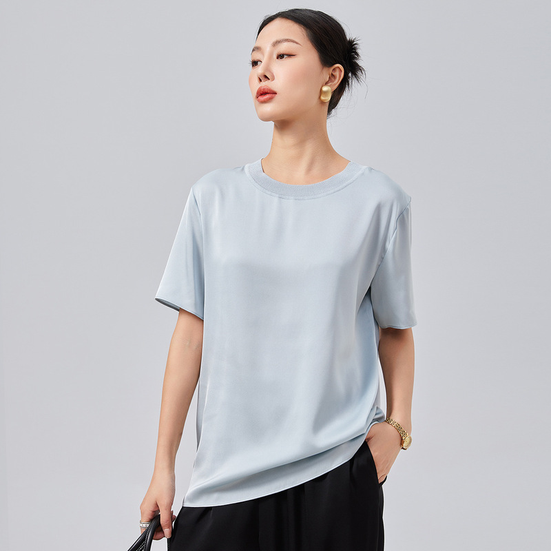 Carefully Selected Silk Pullover T-Shirt for Women, Mulberry Silk Round Neck Solid Color Women's Clothing, Loose Fit, Simple Top, Wholesale Urban Style