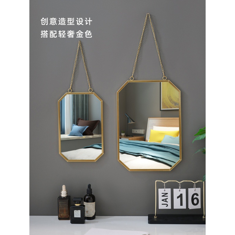 Home Desktop Wall Makeup Mirror Bathroom Bathroom Mirror Round Square Mirror Hanging Mirror Punch-Free Light Luxury Dressing Table Mirror