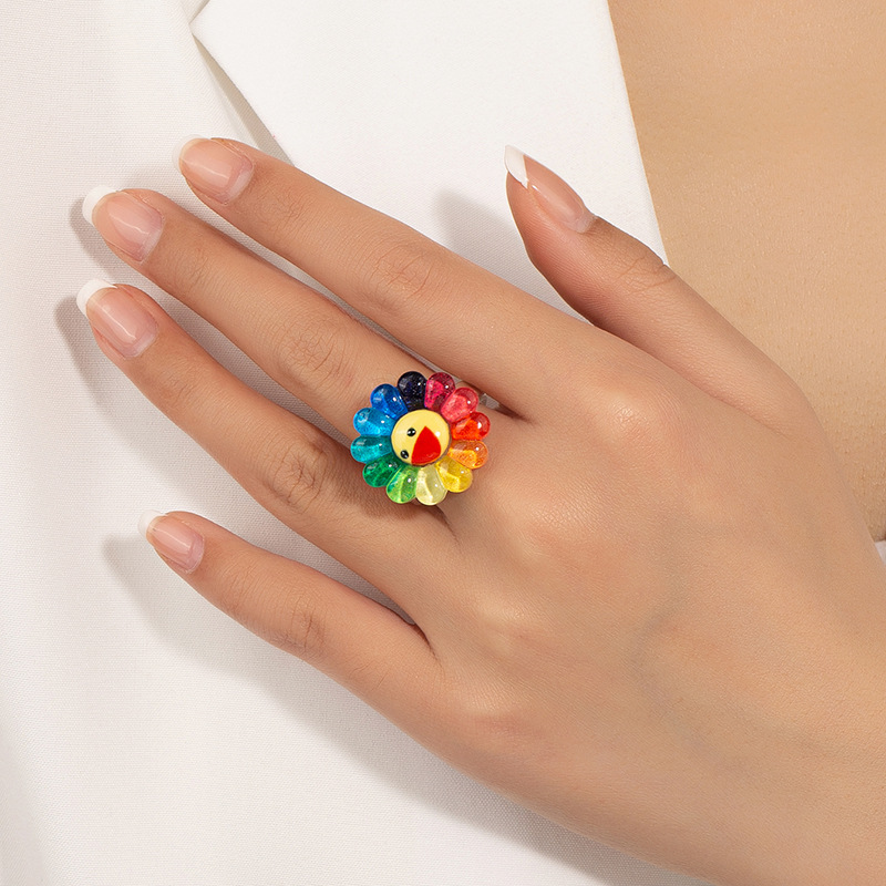 Funny funny expression flower ring female rainbow acrylic ring wholesale