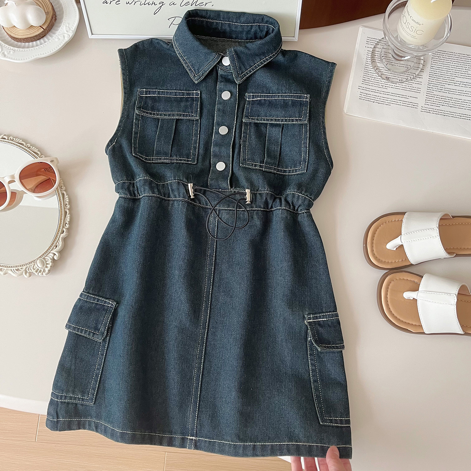 Robe longue en denim doux délavé sans manches pour filles, nouvelle version coréenne de l'été 2024, tendance 24285_voghion.com