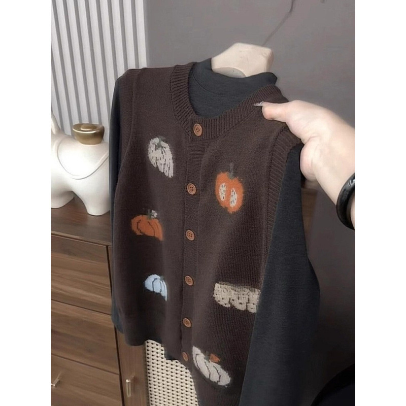 2025 New Old Money Style Retro Super Nice Top Brown Pumpkin Knitted Vest Sweater Vest Women's Autumn Outer Wear