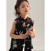 女童汉服夏款2025新款中大童唐装黑色时髦马甲儿童高级洋气上衣潮