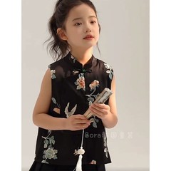 女童汉服夏款2025新款中大童唐装黑色时髦马甲儿童高级洋气上衣潮