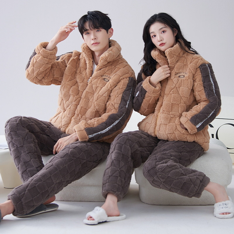 Pijamas acolchados de algodón para pareja de invierno de los hombres de tres capas engrosadas cálidas de las mujeres más el tamaño simple casual Otoño e Invierno traje de desgaste para el hogar