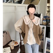 大码女装春季学院风胖宽松蕾丝刺绣娃娃领长袖衬衫外搭马甲套装