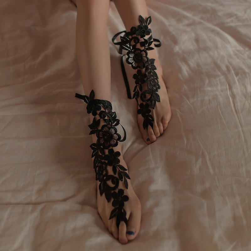 Lace Drawstring Hollow Mesh Stockings in Wine Red for Women — detail image 8