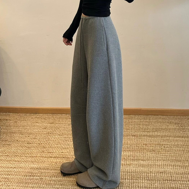 Gray Korean-Style Casual Low-Waist Bamboo Knit Banana Pants for Women, 2026 Spring and Autumn New Style, Fleece-Lined Warm Wide-Leg Pants