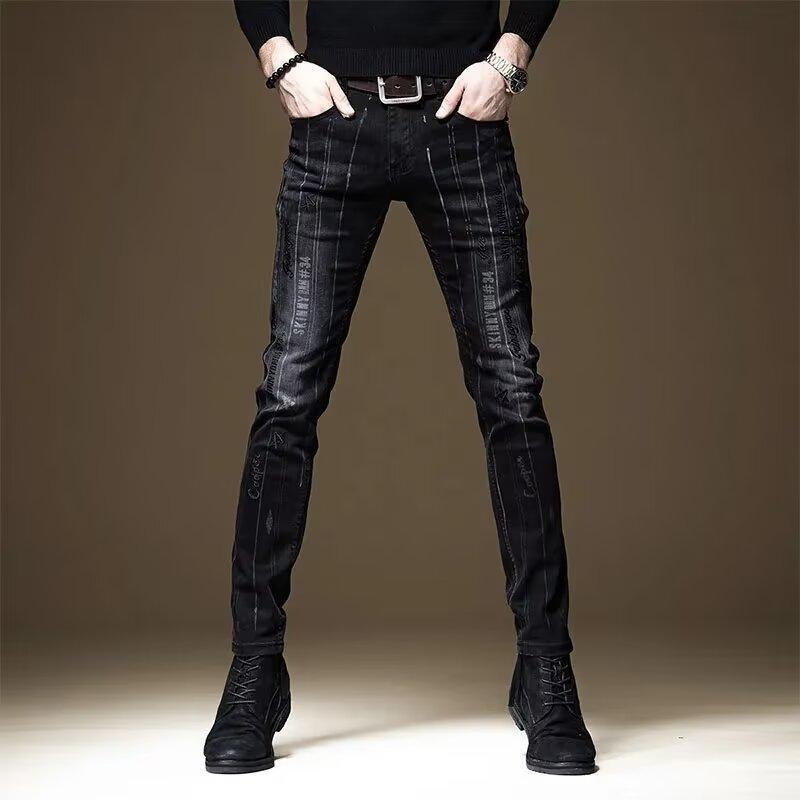 High-End Letter Embroidered Jeans for Men, Trendy Brand Slim Fit Stretch Straight Pants for Men, Korean Style Casual Pants