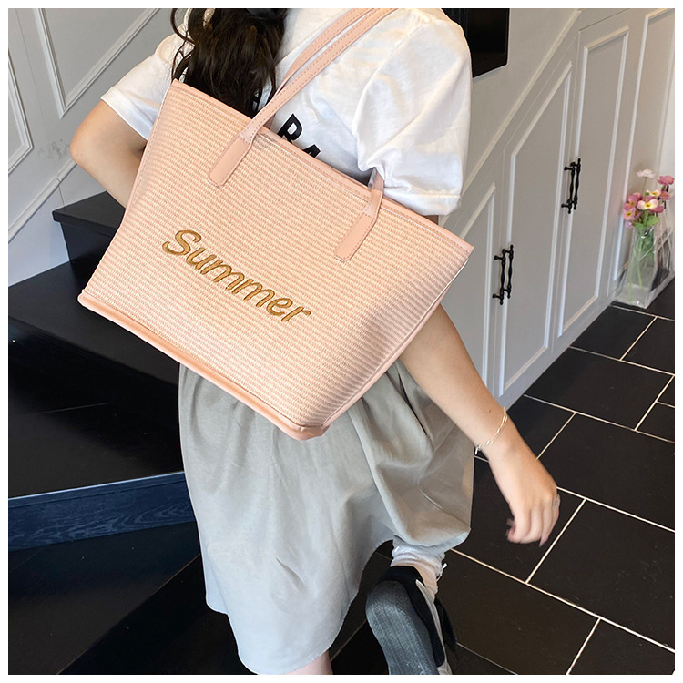 Straw woven letter large-capacity bag 2025 single-shoulder large bag for women, new beach woven summer Korean-style tote bag undefined