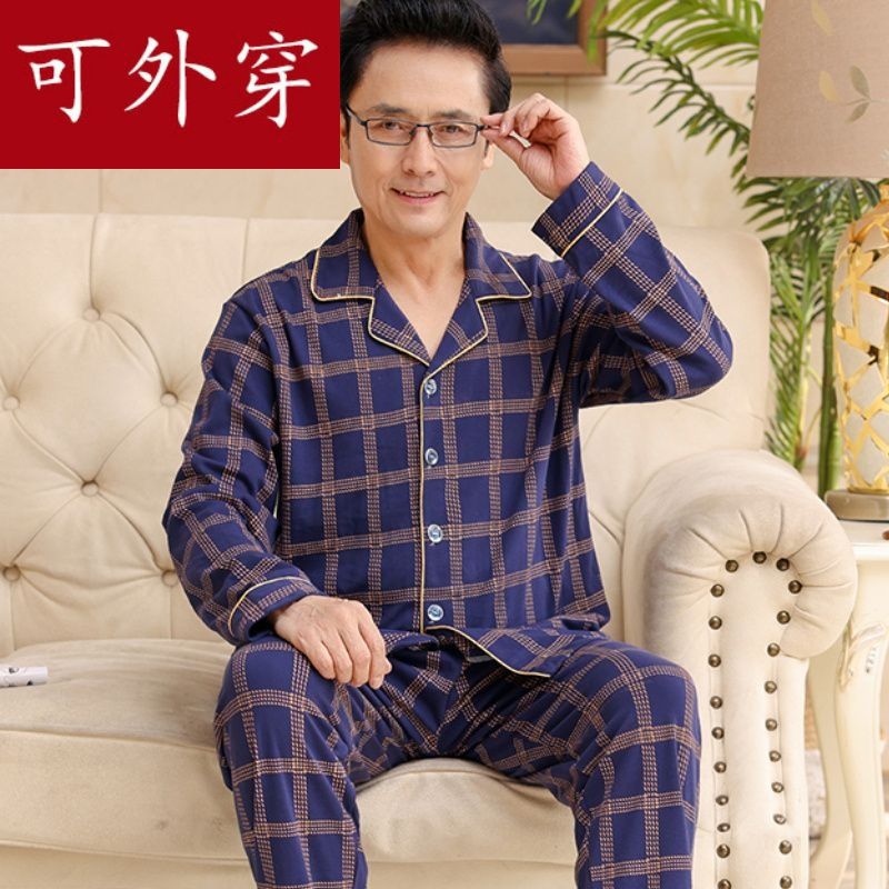 Pijamas de hombre primavera y otoño de mediana edad 100% algodón de manga larga de mediana edad y anciano papá más tamaño traje de homewear