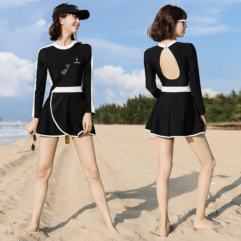 廠家直銷 一件代發 泳衣女黑色長袖顯瘦微胖女孩遮肚保守連體Y192
