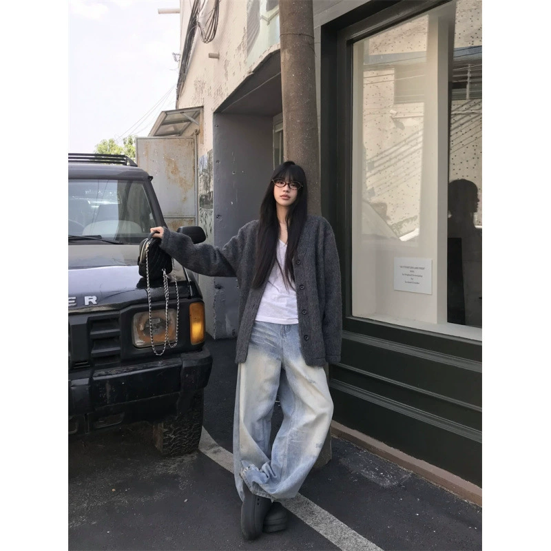 Реже цена, осень и зима V-образный воротник, свободная шерстяная куртка