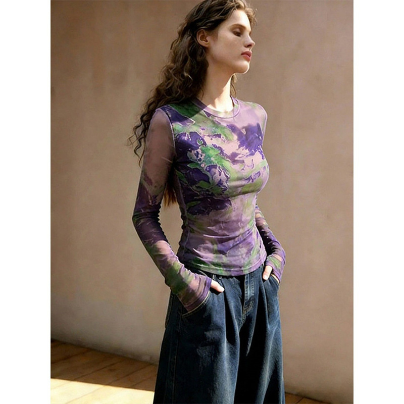 Exquisite printed gradient design long-sleeve mesh T-shirt for women, spring/summer Korean style versatile loose trendy top Exquisite printed gradient design long-sleeve mesh T-shirt for women, spring/summer Korean style versatile loose trendy top