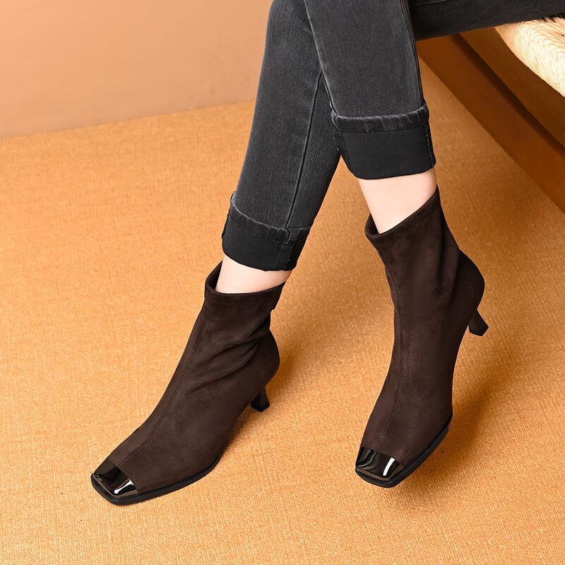 Autumn and Winter New Anti-Kick Thin High-Heeled Shoes, Square-Toe Suede and Ankle Boots with Back Zipper, New Short Boots for Women, Brown