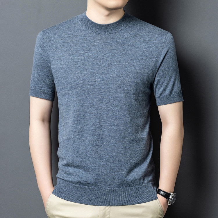 100% 羊ウールニットボトムシャツメンズ半袖ニットウールセーター Tシャツビジネス多用途無地卸売セーター|undefined