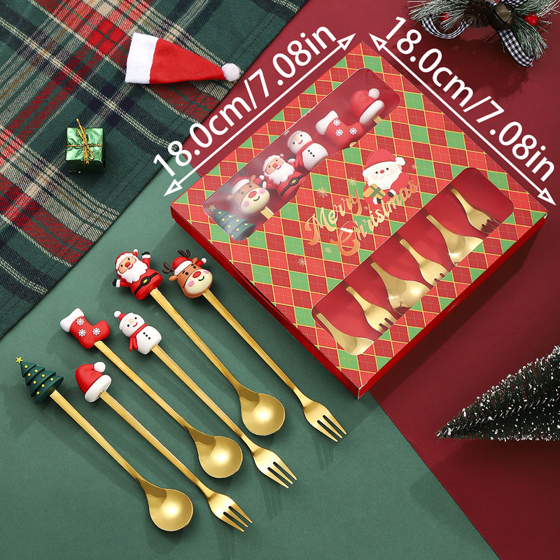 クリスマススプーンとフォーク6点セット漫画人形デザートコーヒースプーンステンレス鋼食器フルーツフォーククリスマスホリデーギフト|undefined
