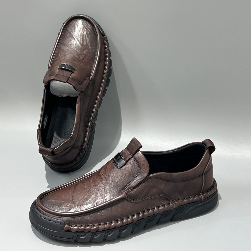 夏季豆豆鞋男真皮透气圆头脚宽鞋子男一脚蹬软底软面牛皮休闲皮鞋
