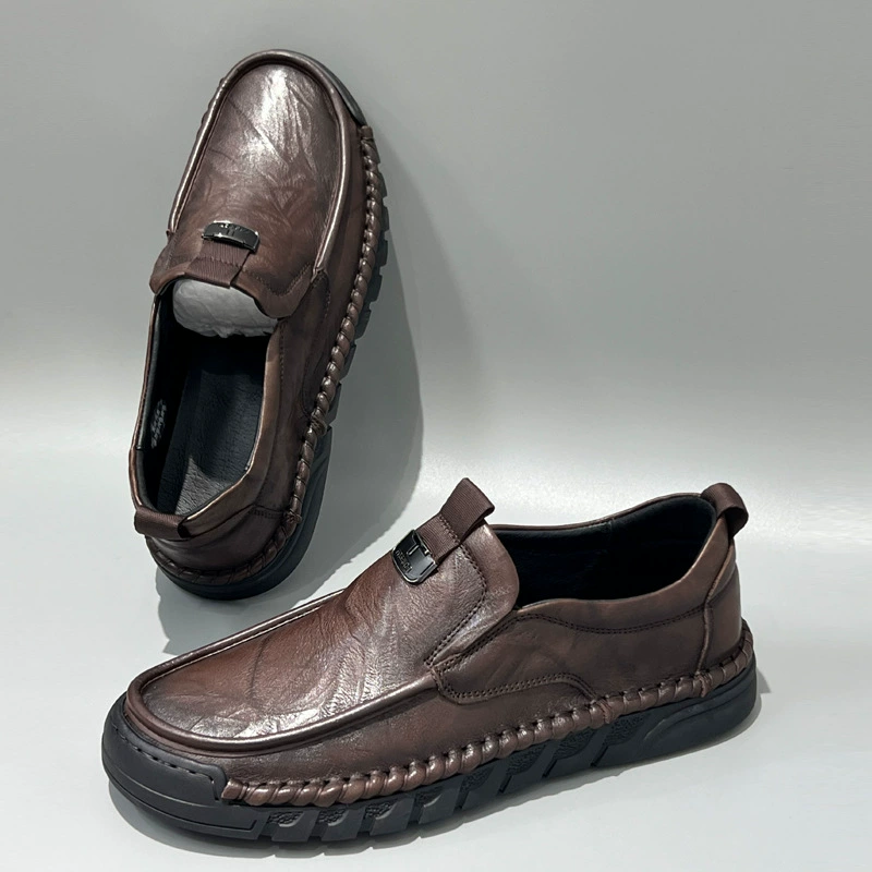 Летние бобовые ботинки мужские кожаные дышащие круглые ноги широкие туфли