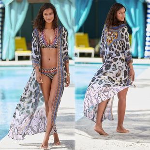 Beach blouse positioning printed leopard point chiffon holiday long cardigan sunscreen cross-border Amazon 602