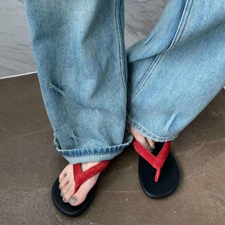 Sheepskin Version ~ Minimalist Clip Toe Beach Vacation All-Match Flip-Flops Women's Summer Genuine Leather Half Slippers French Style Small Sandals