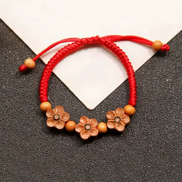 Little Red Riding Book Same Peach Wood Small Flower Leather Rope Hand Rope Women's Handmade Woven Peach Blossom Red Rope Gift Bracelet