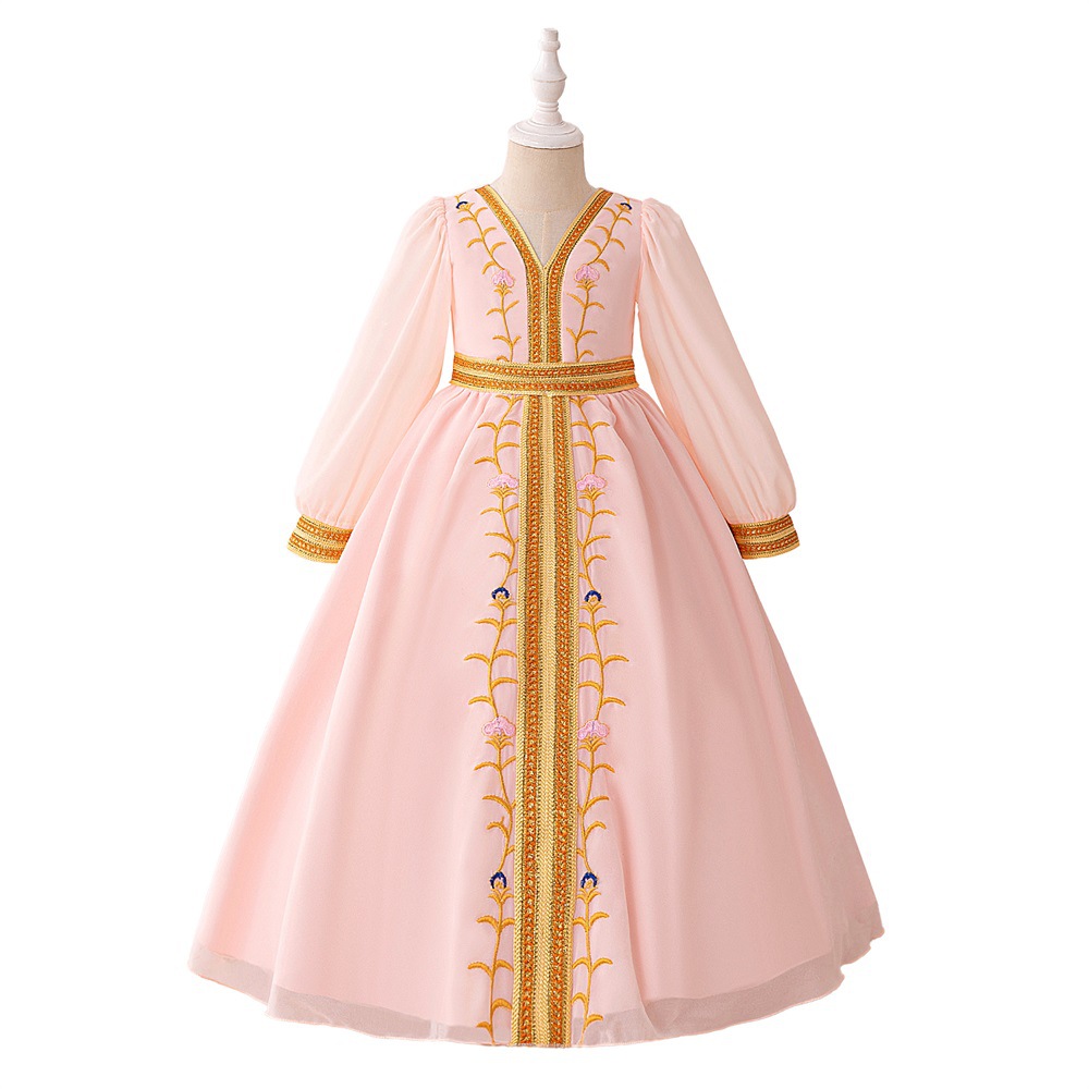 Europa y los Estados Unidos nuevos vestidos de niñas vestidos de princesa de manga media y larga impresión de bordado vestidos de cascada vestidos de moda para niños vestidos de noche