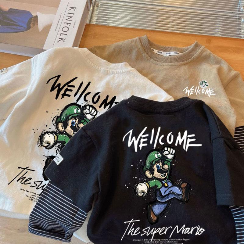 Camiseta de algodón para niños de manga larga de primavera y otoño ropa de niños guapos delgados camisa de fondo de dos piezas para niños de estilo coreano