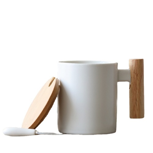 国际木把杯 外贸陶瓷杯咖啡杯带盖情侣马克杯办公室水杯礼品杯子