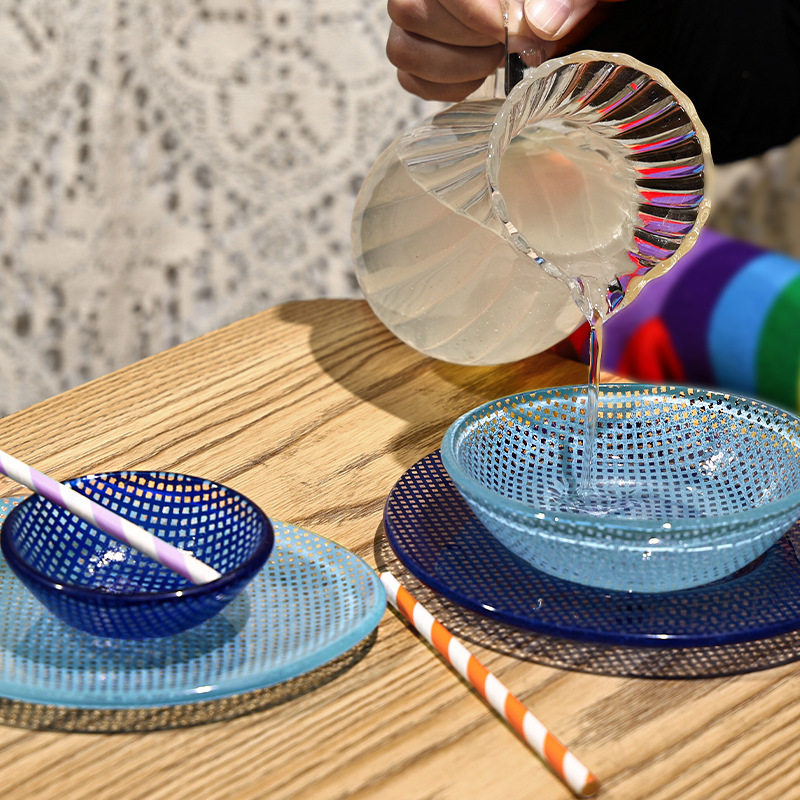 Korean Style Oval Dinner Plate Heat-Resistant Glass Dopamine Color Checkered Tableware Housewarming Gift Wedding Gift Korean Style Oval Dinner Plate Heat-Resistant Glass Dopamine Color Checkered Tableware Housewarming Gift Wedding Gift