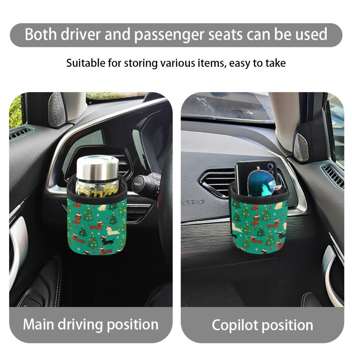 Amazon Car Storage Box Air Vent Organizer Bag with Christmas Tree and Puppy Pattern 600D Polyester Phone and Key Bag