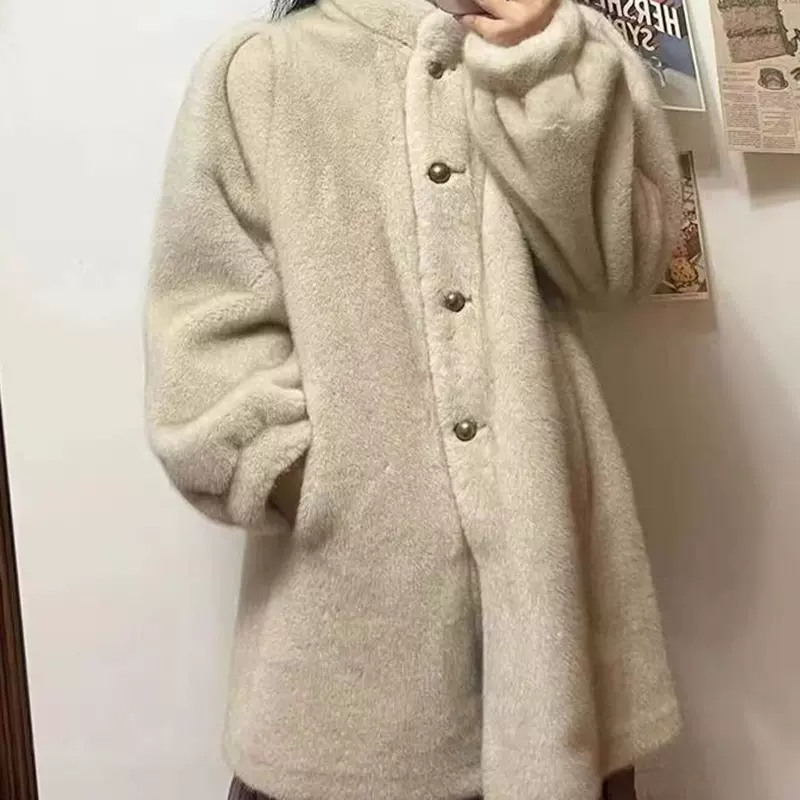 韩系泡泡袖皮草外套女长款皮毛一体加厚仿水貂绒大衣厂家批发