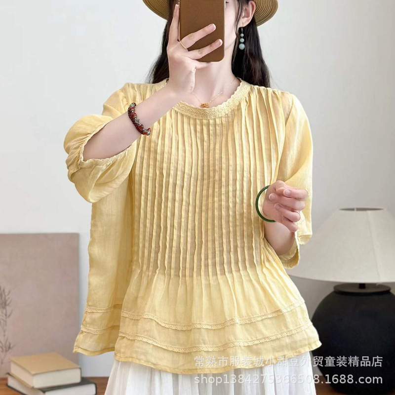100% Ramie Pleated Lace Splicing Round Neck Half-Sleeve Top for Women, Summer Thin Loose Versatile Casual Blouse