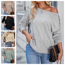 2023秋冬亚马逊TEMU欧美跨境外贸女装宽松休闲纯色纽扣长袖T恤女