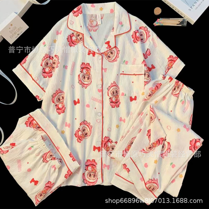 Hermosos pijamas de tela de rabu mujeres primavera y otoño verano nubes de algodón dulce mangas cortas pantalones cortos de tres piezas ropa para el hogar