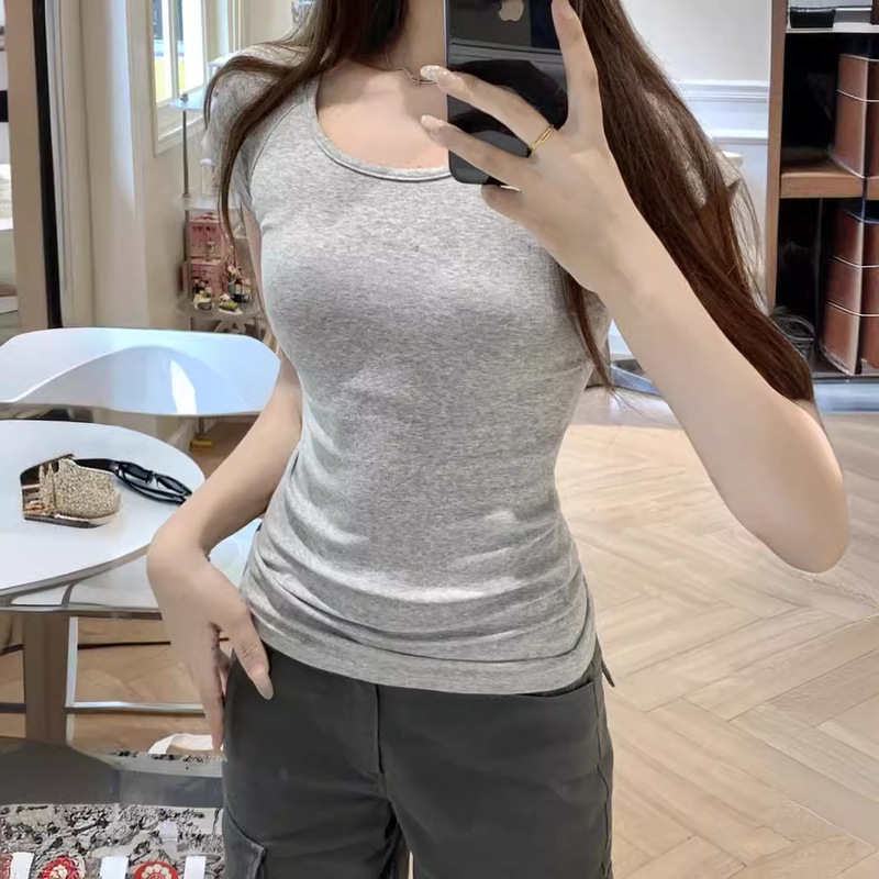 Pure Cotton Grey T-Shirt Women's Short-sleeved Summer Slim-fit Thin Base Shirt with Loving Style Slim-fit Square Collar Top for Women