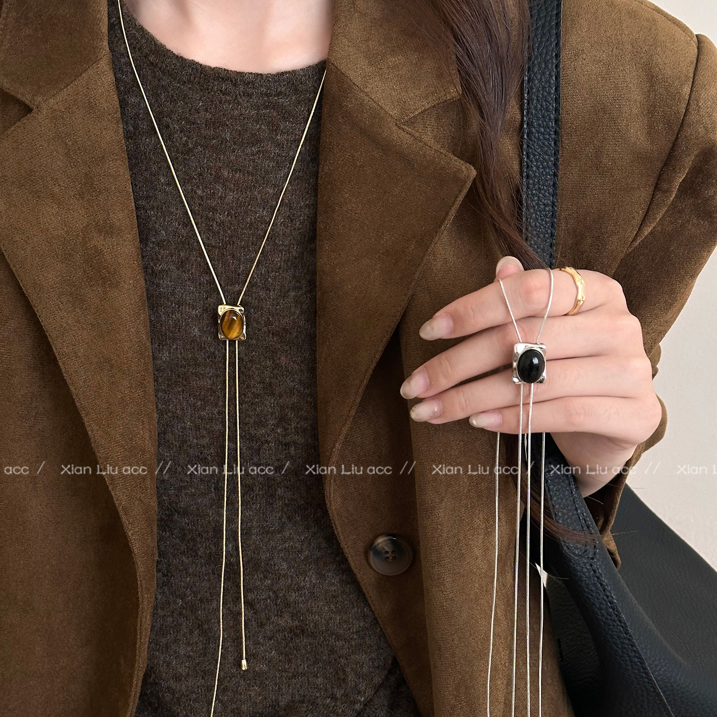 Adjustable Pull-Out Tiger Eye Stone Necklace for Women, 2025 New Autumn and Winter Long Sweater Chain, Light Luxury High-End Accessory