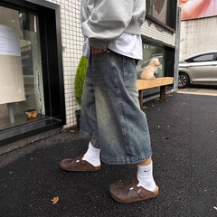 アメリカンハイエンドジーンズメンズレトロパンツヨーロッパとアメリカのロギングワイドレッグショーツカップル用クロップドパンツ