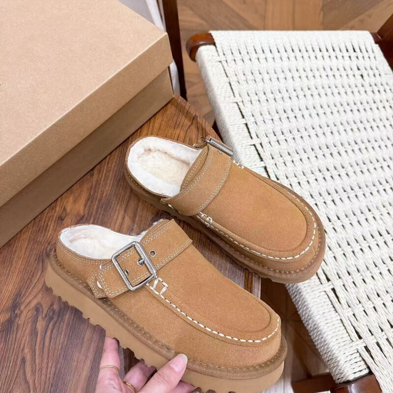 Metal buckle Birkenstock thickened and fleece-lined Crocs shoes, leather and wool half-slippers, sandals, fleece-lined and thickened snow boots for women