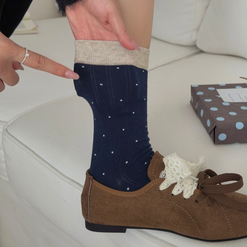 miu-style polka dot women's mid-calf socks, autumn cotton socks with contrasting color cuffs, polka dot girl's ballet-style mid-calf socks miu-style polka dot women's mid-calf socks, autumn cotton socks with contrasting color cuffs, polka dot girl's ballet-style mid-calf socks