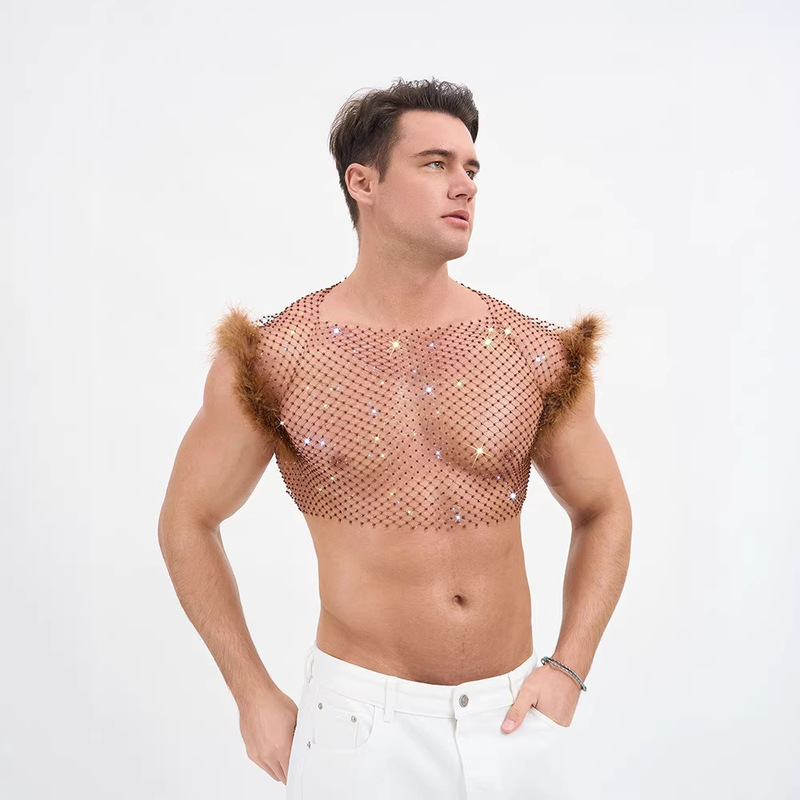 Amazon European and American Cross-Border Men's Short Sleeve Fishnet Rhinestone Vest with Hot-Studded Hollow-Out See-Through Men's Top Amazon European and American Cross-Border Men's Short Sleeve Fishnet Rhinestone Vest with Hot-Studded Hollow-Out See-Through Men's Top
