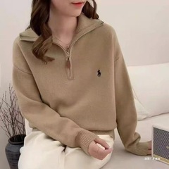 韩系拉链小马刺绣套头毛衣翻领百搭针织衫上衣冬季毛衣无袖款适中