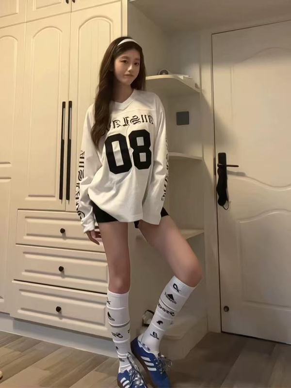 国潮牌梵文印花贴布绣球衣t恤女秋季美式设计感网眼运动长袖上衣|undefined